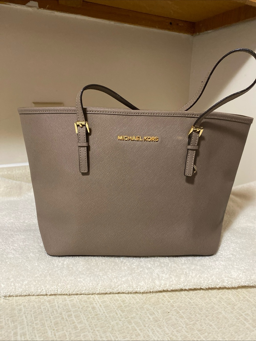 Michael Kors Taupe Saffiano Tote with Gold Hardware